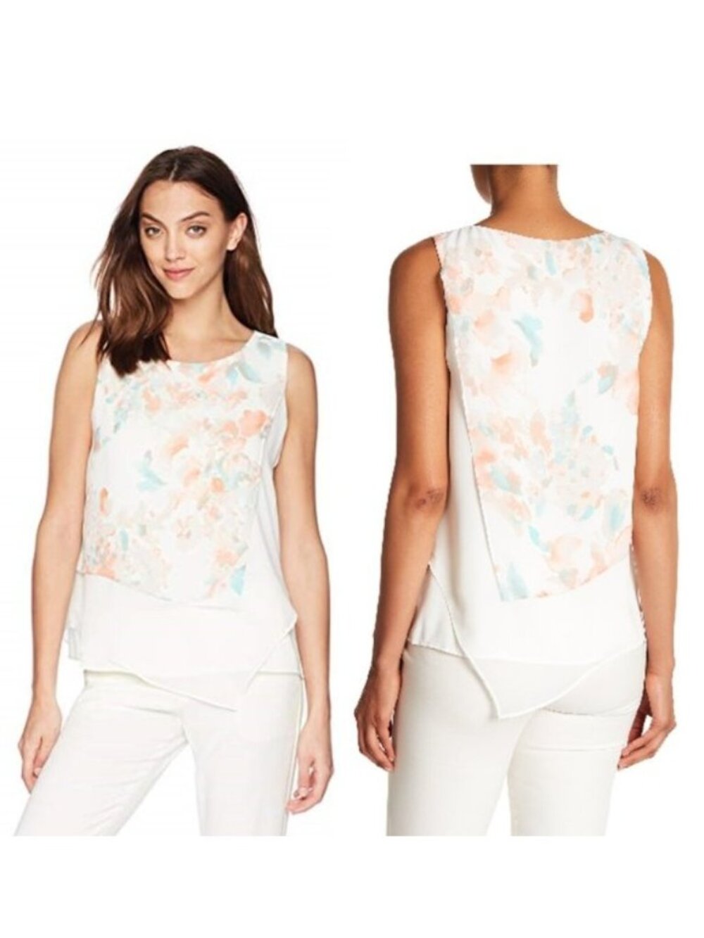 Calvin Klein | Watercolor Floral Overlay Sharkbite Hem Blouse | Size Medium